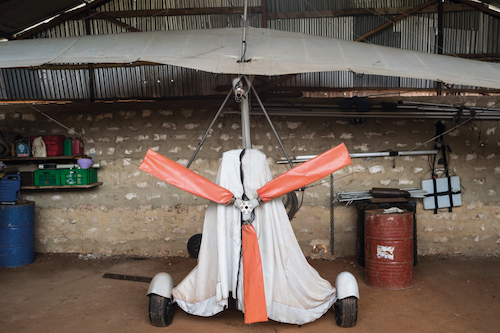 The reconstructed microlight, as it still stands in the shed, about a kilometre from the crash site, Ukunda, Kenya, 2017